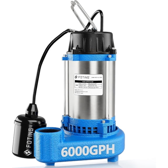 FOTING 1HP 6000 GPH Submersible SewageEffluent Sump Pump, HeavyDuty Cast Iron 115V Septic Pump, 11/2" NPT for Sump Basin, Residential Sewage and Basement
