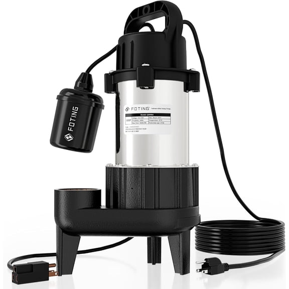 FOTING 1HP Submersible Sewage/Effluent Pump, Stainless Steel and Cast Iron 5600GPH, Automatic/Manual Septic Pump, Sump Pumps for Basement, Septic Tank, Sewage Well, Sewage System, 2'' NPT Discharge