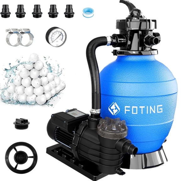 FOTING 2025 Upgraded Sand Filter Pump for Above Ground Pool with Timer, 13in, 1 HP, Max 3800GPH for Pools Up to 13000GAL, 6-Way Valve, Enhanced Circulation for Crystal-Clear Pool