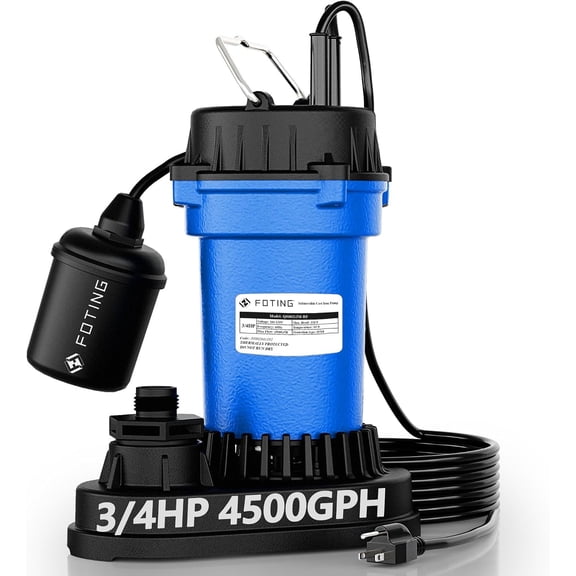 FOTING 3/4HP 4500 GPH Submersible SewageEffluent Sump Pump, Cast Iron Automatic Tethered Float Switch, 11/2" NPT Discharge for Basement, Septic Tank, Basin, Sewage Well, Dark Blue