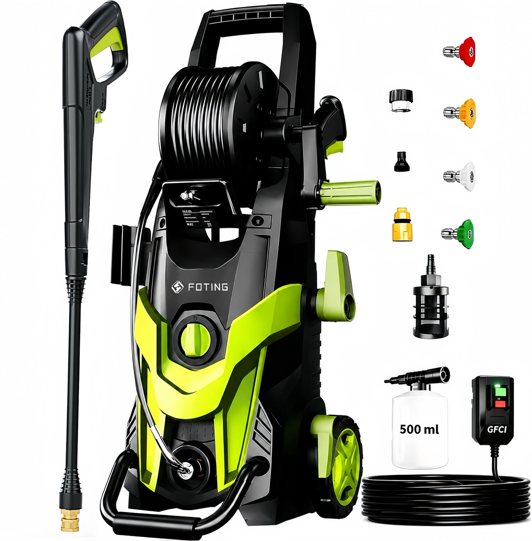 Hidrolavadora eléctrica con cable FOTING 4500 PSI a 3.2 GPM 14 Amps con protección GFCI, boquillas de conexión rápida