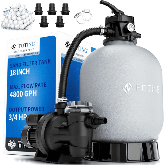 FOTING Sand Filter Pump for Above Ground Pool, Pool Sand Filter with Timer, 7-Way Multi-Port Valve, Pool Pumps Above Ground, 18in (3/4HP 5000GPH for 18000GAL Pool)