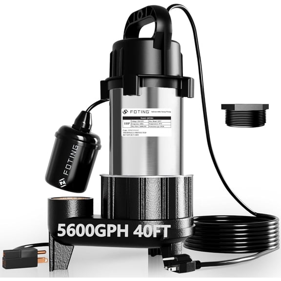 FOTING Sump Pump Submersible Sewage/Effluent Pump - Heavy Duty Cast Iron - 115V Septic Pump for Sump Basin/Residential/Sewage/Basement,1HP 5600GPH 2"NPT Discharge