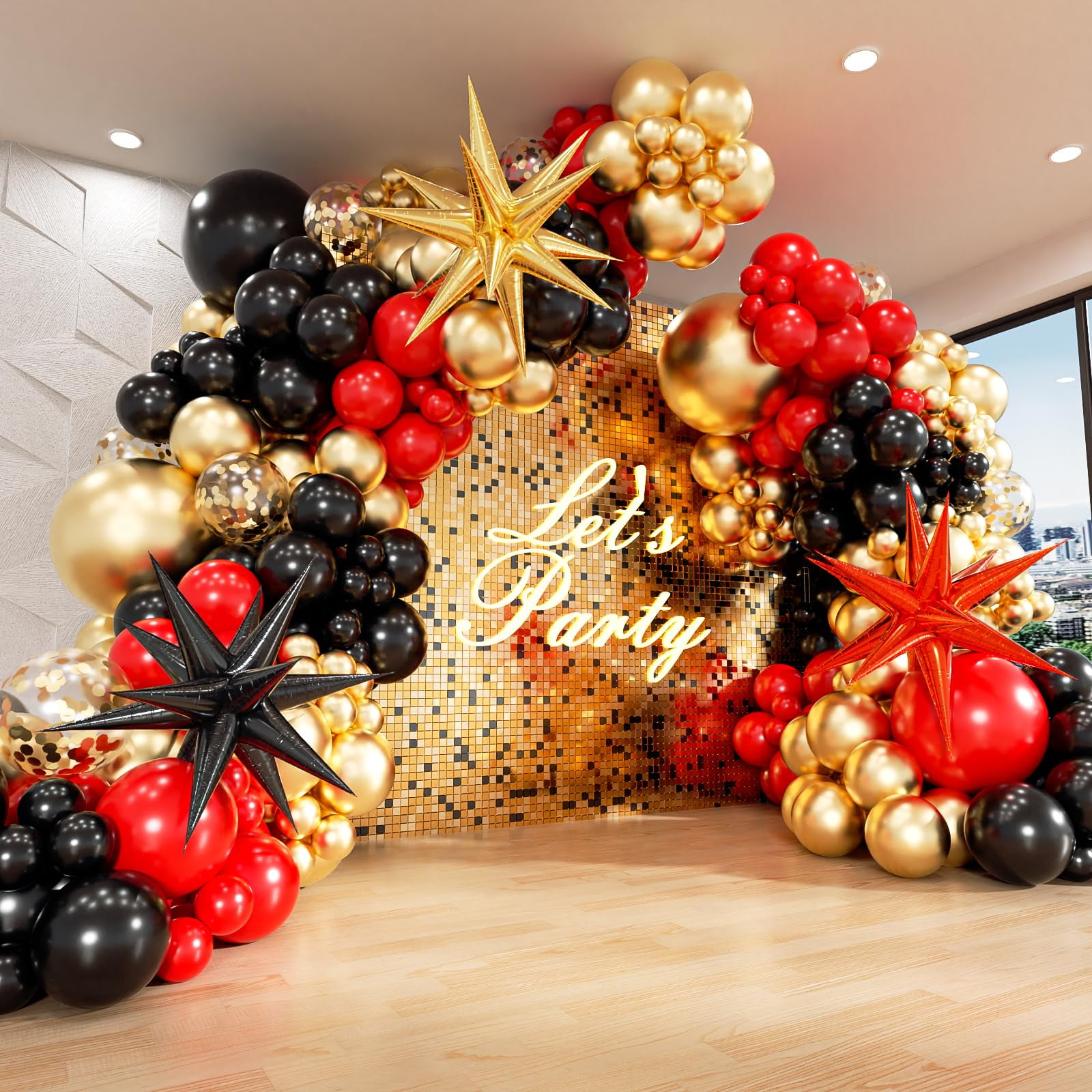 FOTIOMRG Red Black Gold Balloons Arch kit KMC2with 3pcs Star Balloons, Red Black and Gold Balloons Garland for Anniversary Casino Night Hollywood New Years Movie Night Birthday Decorations