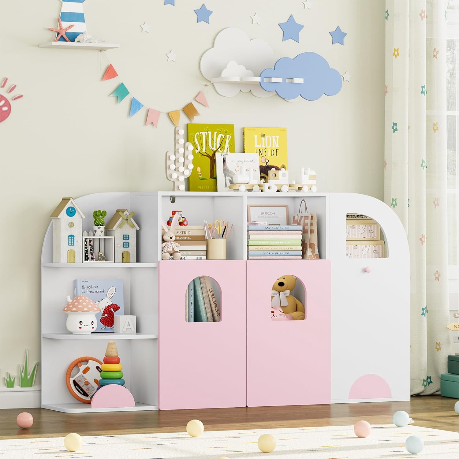 FOTOSOK Toy Storage Organizer with Truck Design, Kids Bookshelf with 12 ...