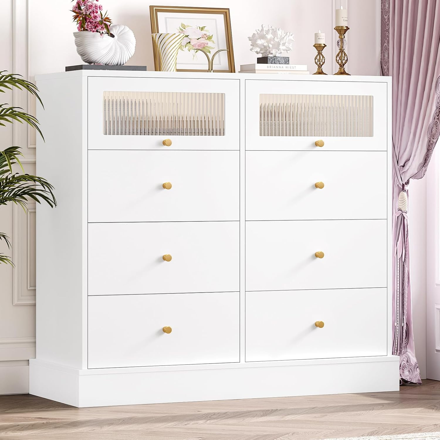 FOTOSOK White Dresser, 8 Drawer Dresser with 2 Glass Doors, White and ...