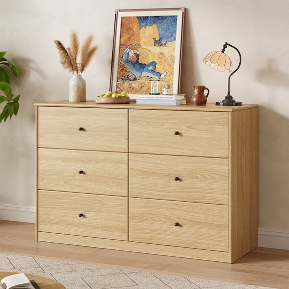 FOUHIU 6 Drawer Dresser for Bedroom, Wood Double Chest of Drawers, Wide Storage Cabinet Organizer for Living Room, Natural