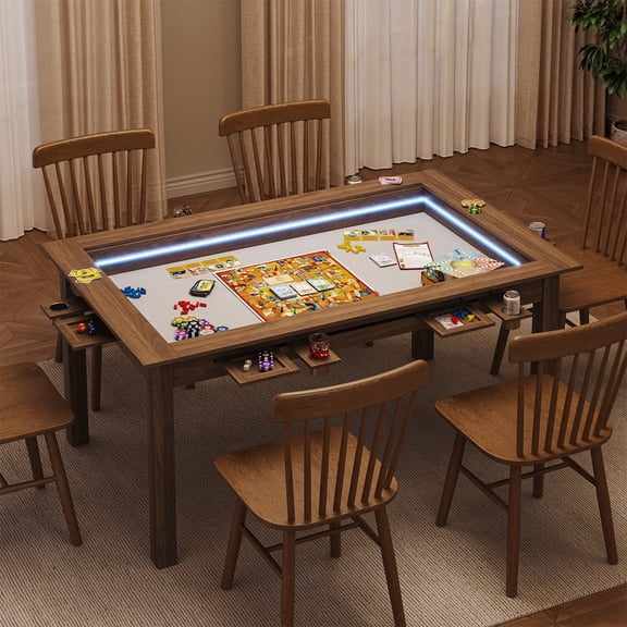 FOUHIU Board Game Table with Led Lights for 4-6 Players, 2-in-1 Rectangular Dining & Gaming Table with Cup Holders and Hobby Trays, Walnut