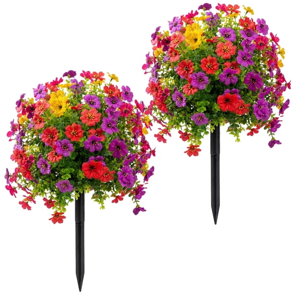 FOUKUS Artificial Outdoor Plants Set of 2: Colorful Flower Shrubs with Ground Stake, Fake Bushes, Artificial Shrubs, Faux Bushes Topiary Ball for Front Porch Garden Decor