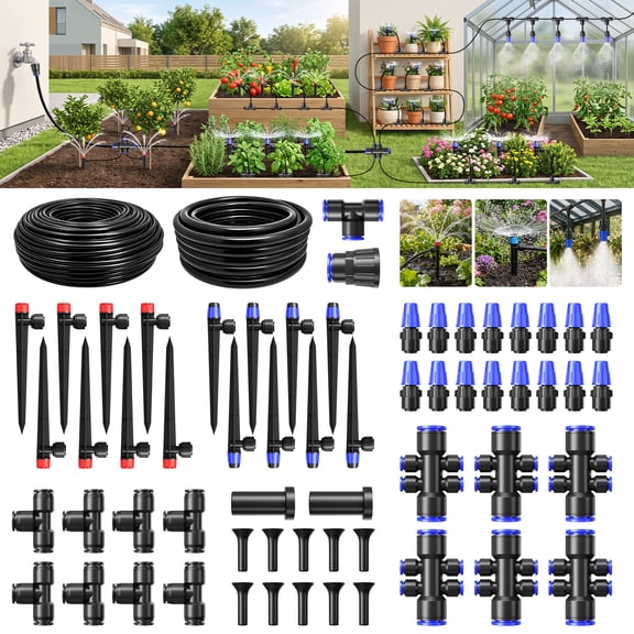 FOUKUS 230FT Irrigation System for Garden: Sprinkler System with 33FT 1/2 Inch Mainline, 197FT 1/4 Inch Drip Hose, Drip Emitters & Irrigation Drippers for Raised Beds, Greenhouse, Patio