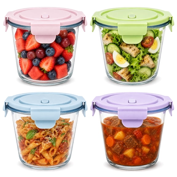 FOUKUS 4 Pack Glass Soup Containers Deli Containers: 24 oz Food Storage Containers with Lids, 100% Leakproof Soup Freezer Containers for Lunch, Oats, Fruit and Leftovers