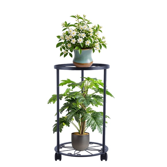 FOUKUS 2 Tier Plant Stand Plant Stand Indoor Metal Plant Stand: Rolling Tall Plant Stand with Lockable Wheels, Heavy Duty Black Corner Plant Stand for Indoor Outdoor Garden, Plant Table & Rack