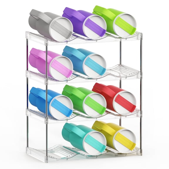 FOUKUS Water Bottle Organizer 4-Tier Stackable Holder – Fits 12 Large 40oz Tumblers Compatible with Stanley Cup, Modular Storage Rack – Clear Plastic Organizer for Cabinet, Kitchen, Pantry, Fridge