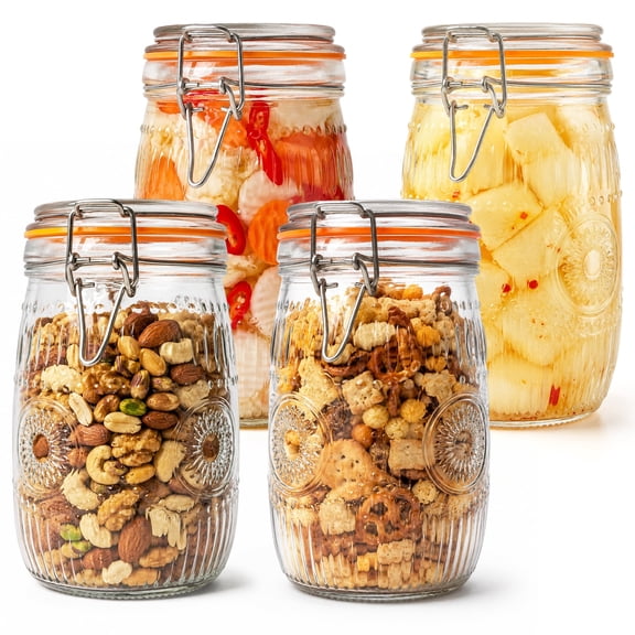 FOUKUS Glass Jars with Airtight Lids: 33oz Glass Storage Jars Set of 4, Wide Mouth Mason Jars for Pickles, Coffee, Flour & Sugar, Leakproof Glass Food Storage Jars for Kitchen Pantry Organization