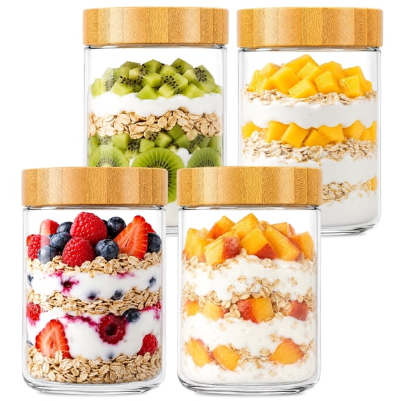 FOUKUS Overnight Oats Containers with Lids: 4 Pack 10oz Glass Meal Prep Containers with Bamboo Lids, Leakproof Glass Jars, Wide Mouth Mason Jars for Yogurt, Salad, Snacks & Healthy Breakfast