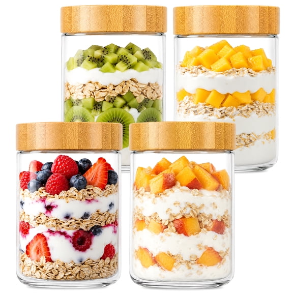 FOUKUS Overnight Oats Containers with Lids: 4 Pack 16oz Glass Meal Prep Containers with Bamboo Lids, Leakproof Glass Jars, Wide Mouth Mason Jars for Yogurt, Salad, Snacks & Healthy Breakfast