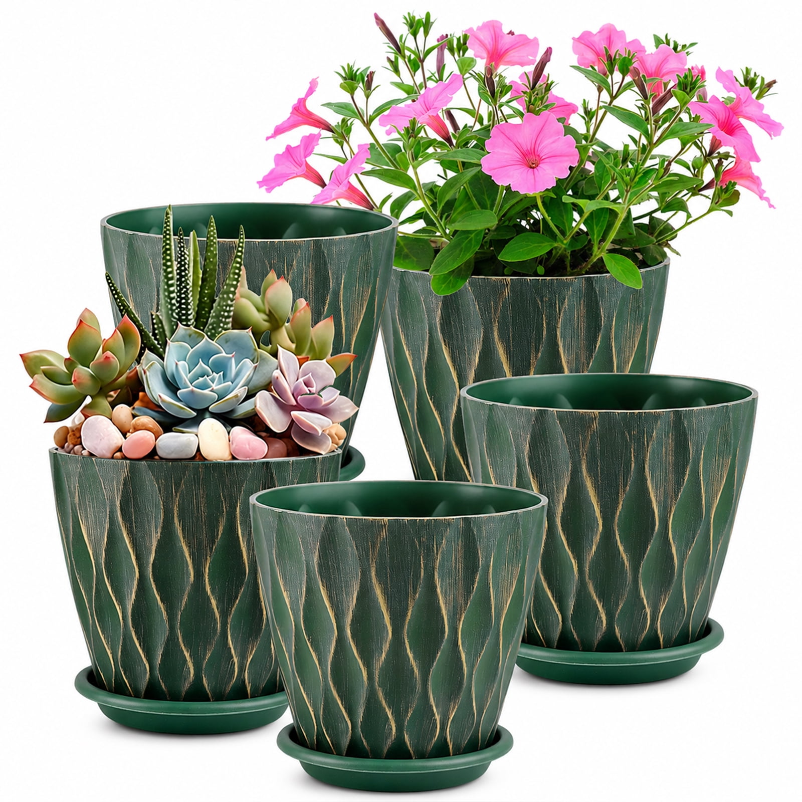 FOUKUS 6 inch Plastic Plant Pots: 5 Pack Indoor Planters with Drainage and Tray Outdoor Flower Pots, Green Gold