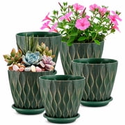 FOUKUS 6 inch Plastic Plant Pots: 5 Pack Indoor Planters with Drainage and Tray Outdoor Flower Pots, Green Gold