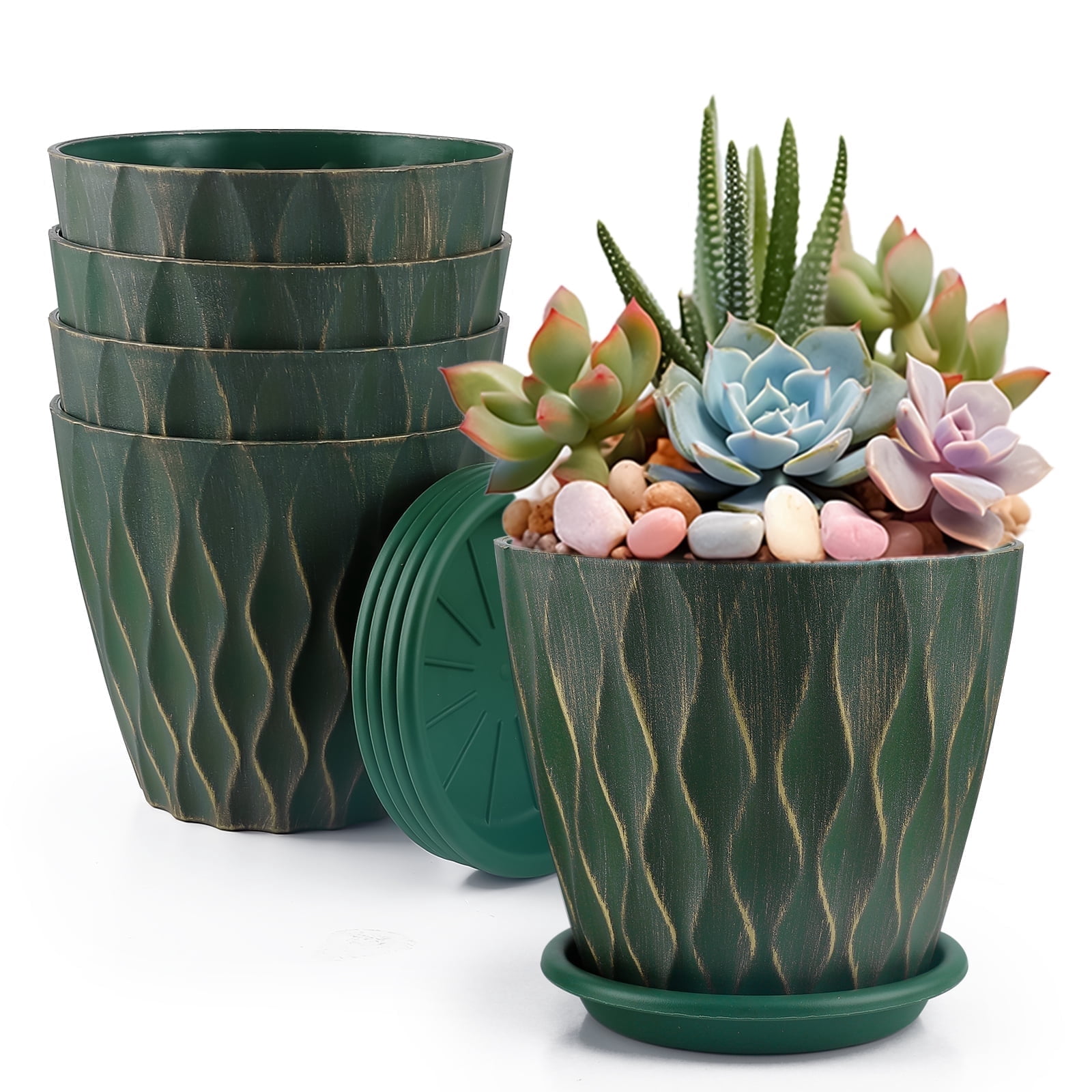 FOUKUS 6 inch Plastic Plant Pots: 5 Pack Indoor Planters with Drainage ...