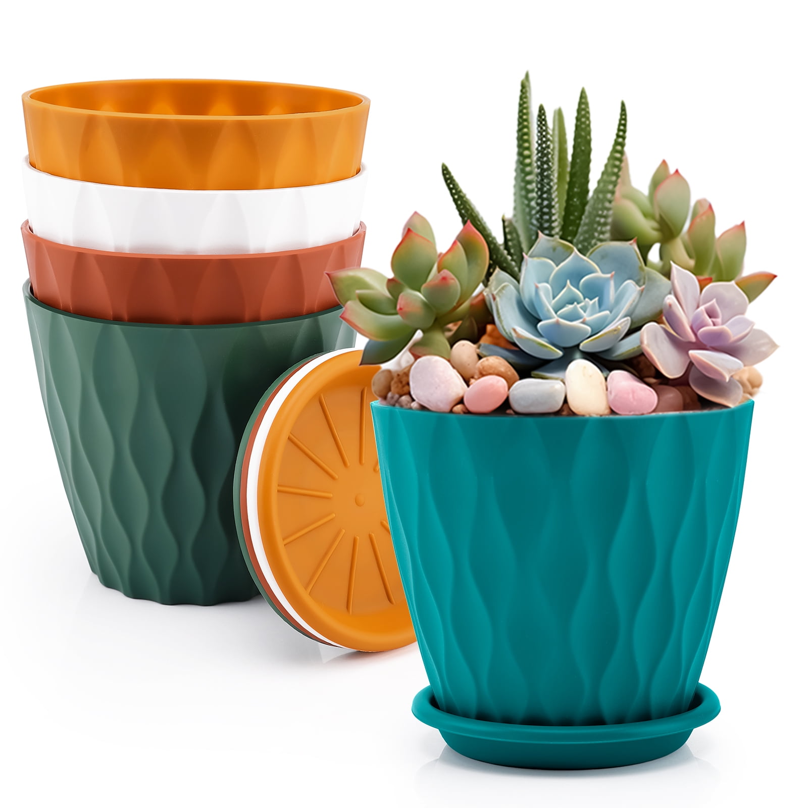 FOUKUS 6 inch Plastic Plant Pots: 5 Pack Indoor Planters with Drainage and Tray Outdoor Flower Pots, Multicolor