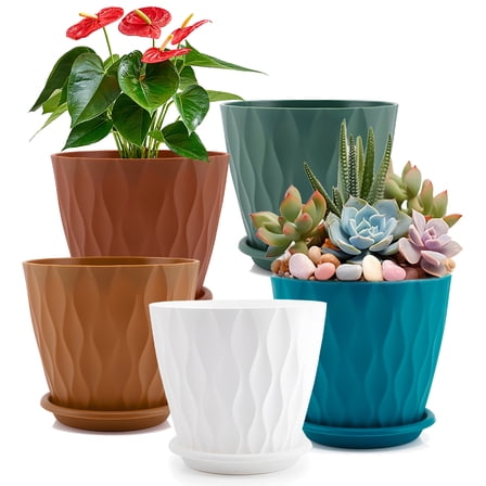 FOUKUS 6 inch Plastic Plant Pots: 5 Pack Indoor Planters with Drainage and Tray Outdoor Flower Pots, Multicolor