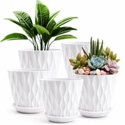 FOUKUS 6 inch Plastic Plant Pots: 5 Pack Indoor Planters with Drainage and Tray Outdoor Flower Pots, White