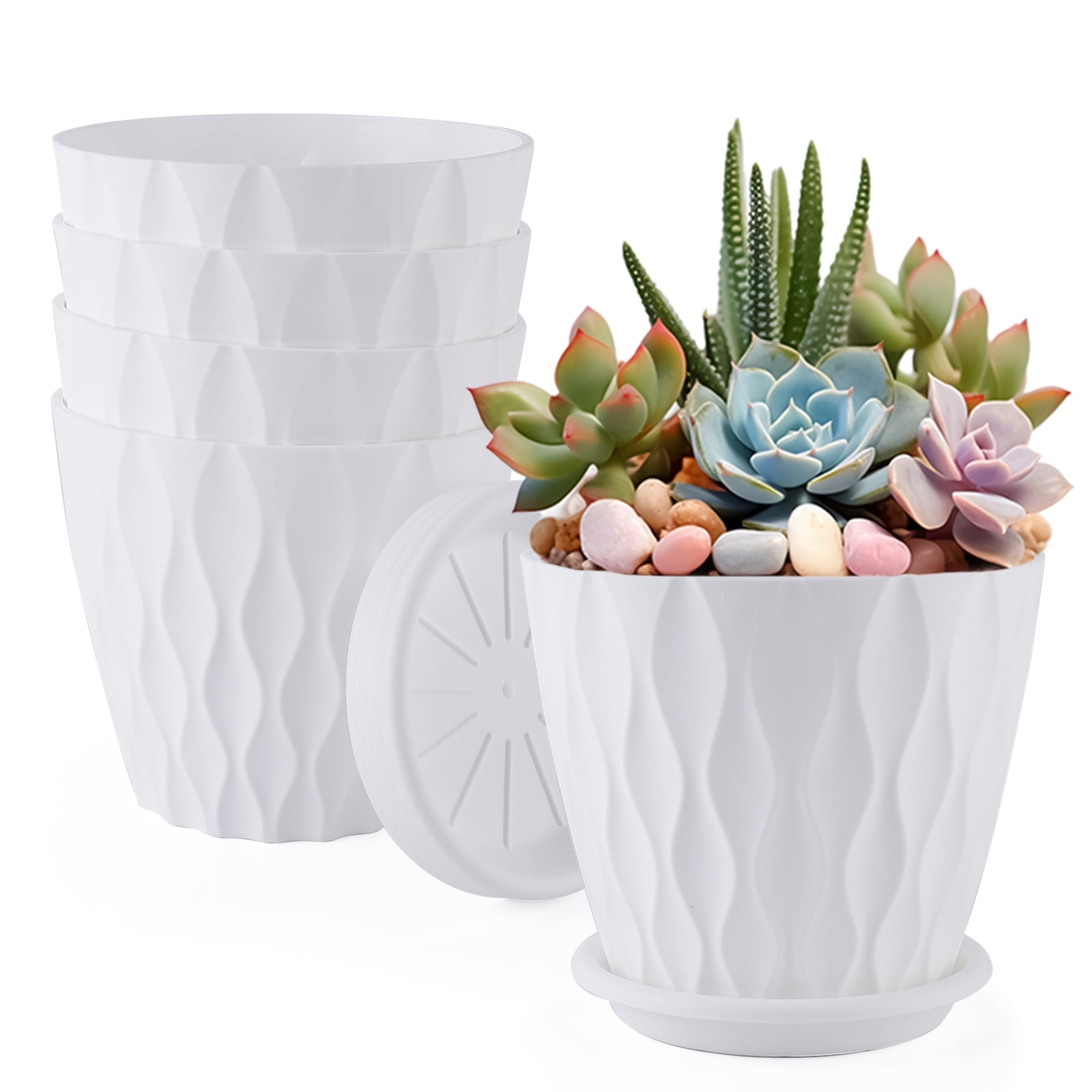 FOUKUS 6 inch Plastic Plant Pots: 5 Pack Indoor Planters with Drainage ...