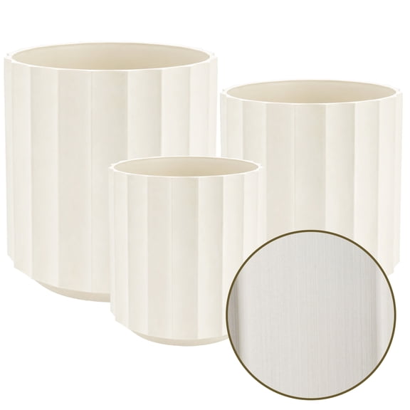 FOUKUS 8.1",9.4",11" Large Planter Fluted Plastic Flower Pots Set of 3: Round Planter Design with Drainage Holes and Plugs, Outdoor Planters for Porch, Patio and Home Decor, Beige