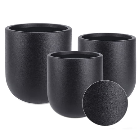 FOUKUS 9.8",11.4",13" Dia Round Concrete-like Plastic Planter Set of 3, Modern Style Large Cylindrical Plant Pot with Drainage Hole for Indoor Outdoor Patio, Black