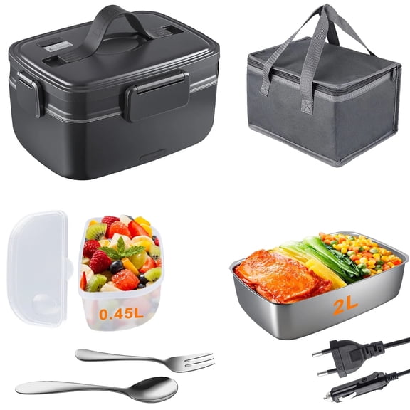 FOUKUS Heated Lunch Box 3L Electric Lunchbox for Adults - Self Heating Portable Food Warmer with Stainless Steel Containers, Insulated Bag & Cutlery Set - Car & Office Bento Heating for Men at Work