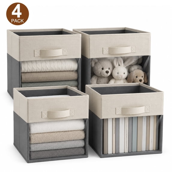 FOUKUS 4 Pack 11 Inch Fabric Storage Cubes: 25 lb Reinforced Structure with Clear Front Window, Collapsible Cube Storage Bin Organizer for Closet Shelf, Clothes, Toys, Dorm Room