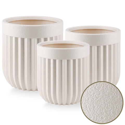FOUKUS 8.3",9.8",11.4" Large Concrete-Like Plastic Planter Set of 3, Tall Fluted Lightweight Planters for Indoor & Outdoor Use, Modern Decorative Pots with Drainage for Home, Patio, Porch & Garden