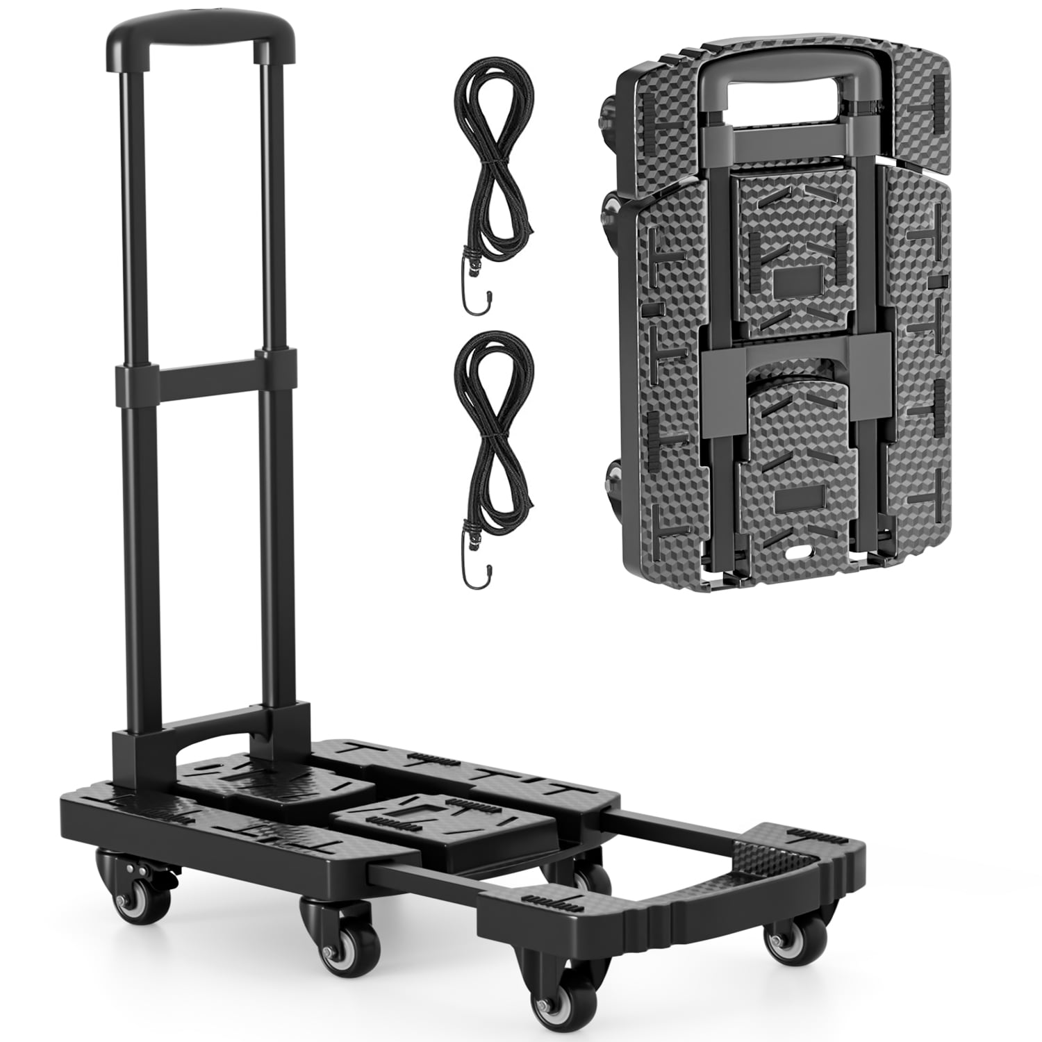 FOUKUS Folding Hand Truck: Versatile 880 LB Luggage Cart with Foldable Design,Utility Dolly Platform Cart with 6 Wheels & 2 Elastic Ropes for Luggage, Travel, Moving, Shopping, Office Use-Black