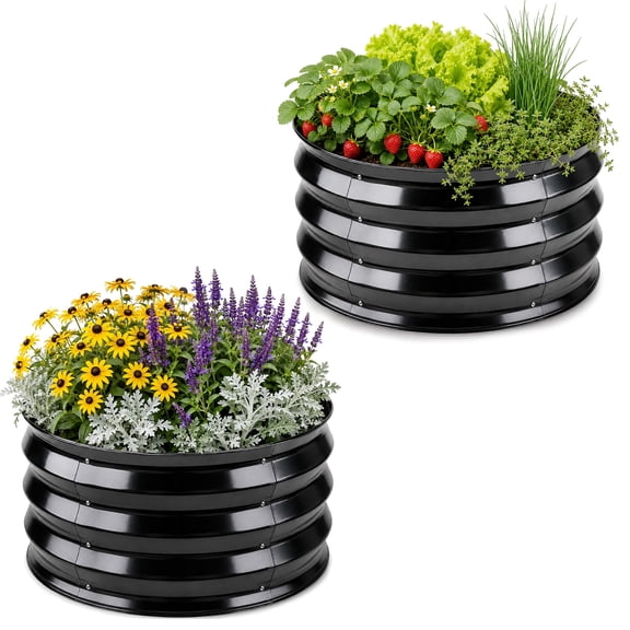 FOUKUS 2 Pack Raised Garden Bed: 2x2x1ft Planter Box Set, Black Round Corrugated Metal Garden Bed, Open-Base Garden Planters for Vegetables, Herbs and Flowers