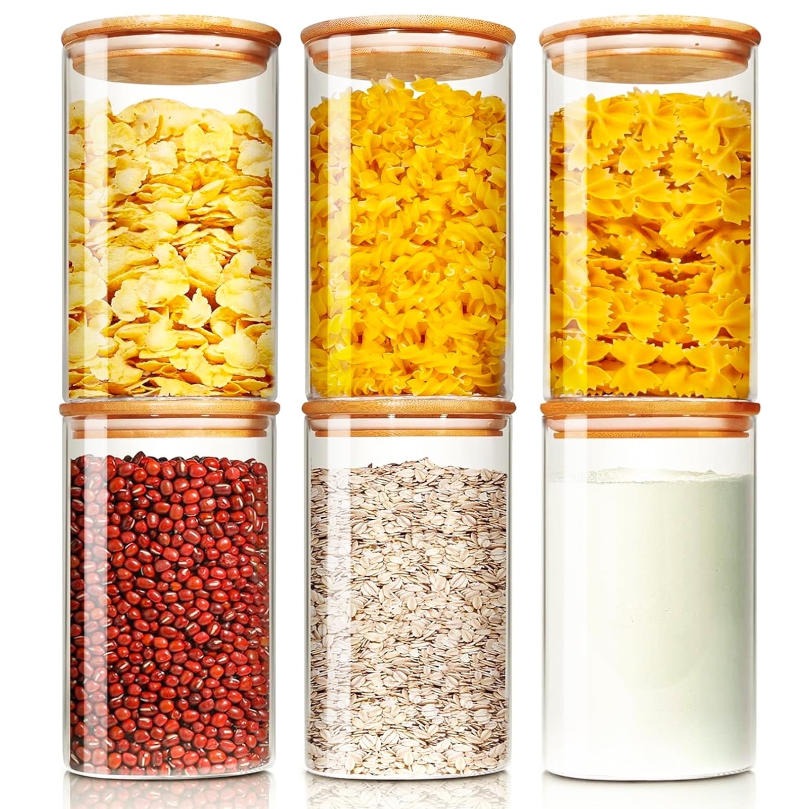 FOUKUS Glass Jar with Bamboo Lid: 6 Pack 25oz Airtight Food Storage Containers, Kitchen and Pantry Organizer for Coffee, Sugar, Flour, Candy, Pasta, Cereal, Tea, Nuts, Cookie, Spice