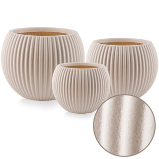 FOUKUS 8.7",10.8",13.4" Large Concrete-Like Plastic Planter Set of 3, Round Belly Lightweight Planters for Indoor & Outdoor Use, Modern Decorative Pots with Drainage for Home, Patio, Porch & Garden