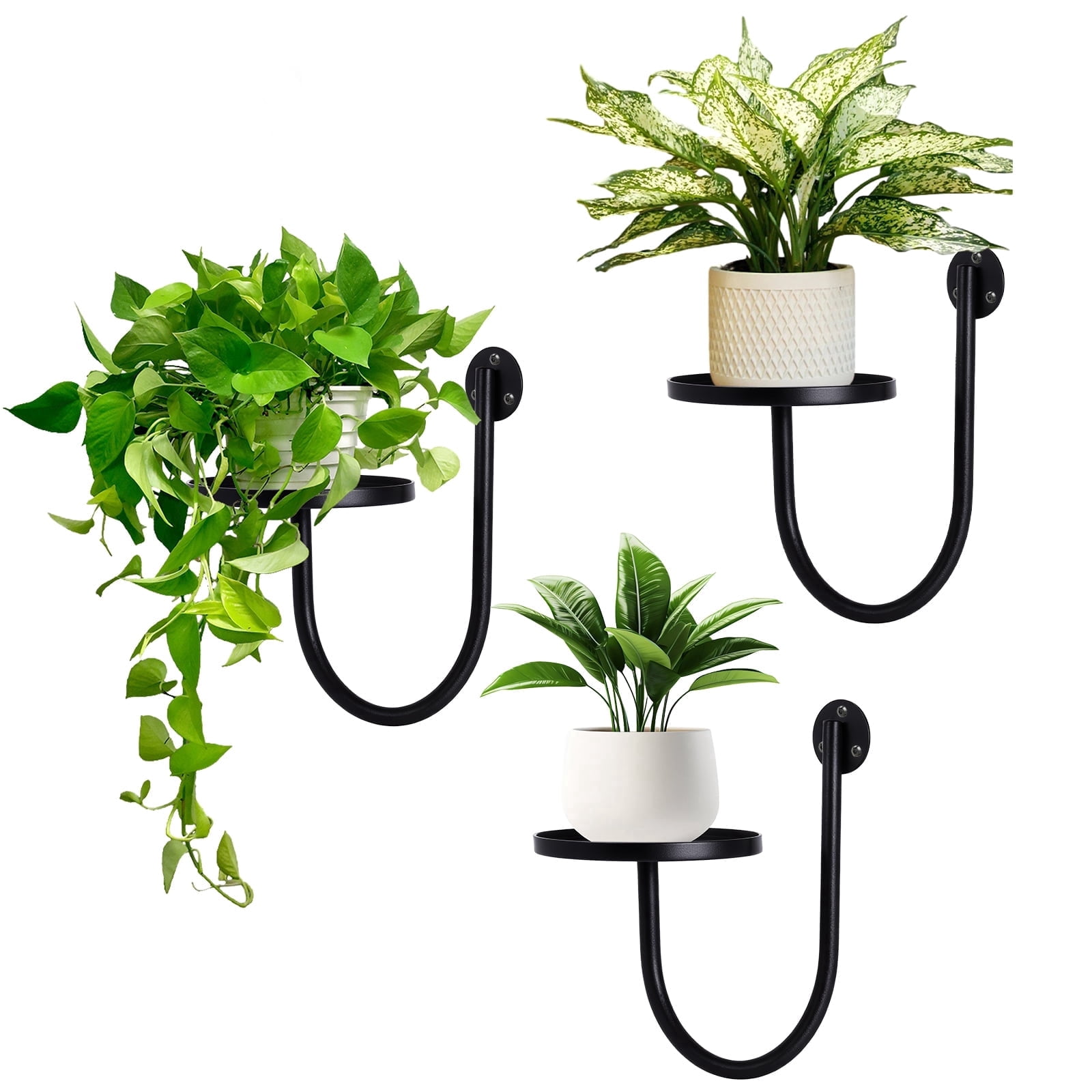 FOUKUS 3 Pack Wall Mounted Plant Holder: Metal Plant Shelves Wall Planters for Indoor Plants, Space Saving Hanging Shelf Decor Stand for Living Room, Window, Apartment