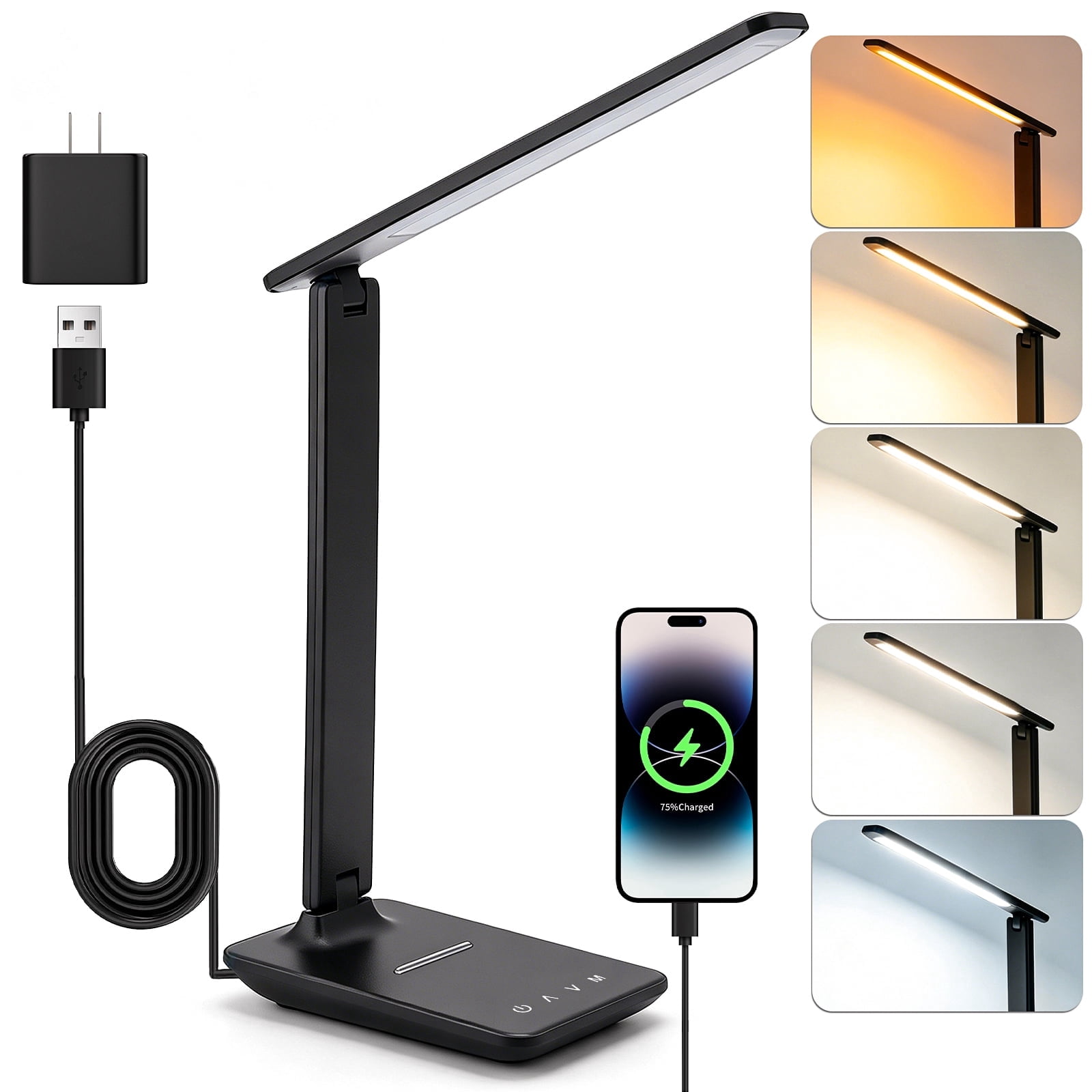 FOUKUS LED Desk Lamp Desk Lamp with USB Charging Port: Dimmable Desk Lamp for Home Office & Study, 5 Color Modes, Touch Control Desk Light, Foldable Table Lamp for Bedroom Dorm Reading