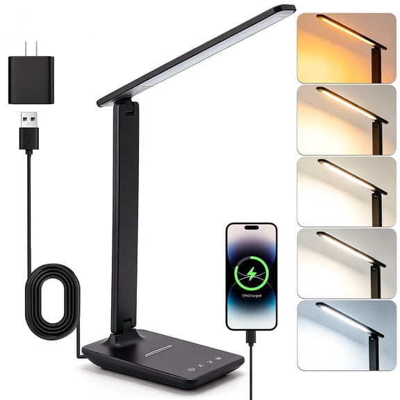 FOUKUS LED Desk Lamp Desk Lamp with USB Charging Port: Dimmable Desk Lamp for Home Office & Study, 5 Color Modes, Touch Control Desk Light, Foldable Table Lamp for Bedroom Dorm Reading