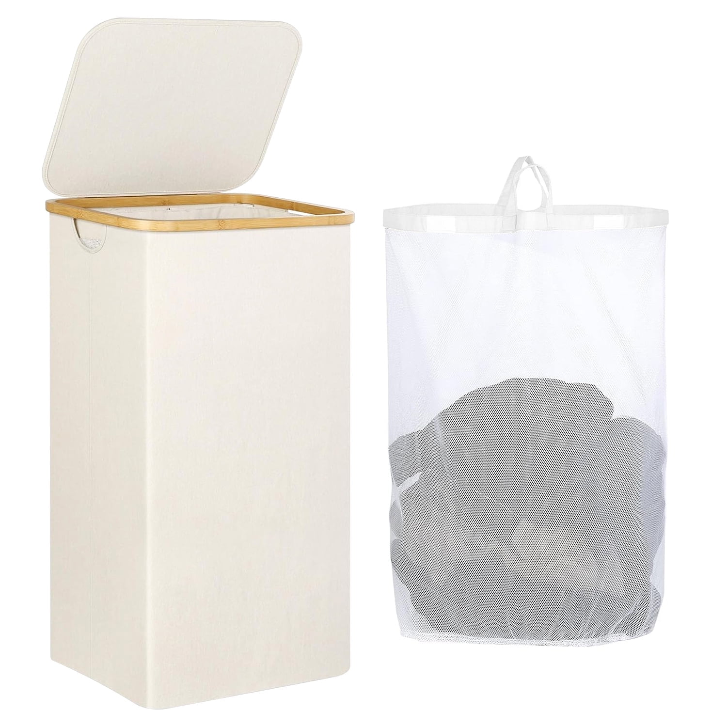 FOUKUS Large Laundry Basket with Lid, 100L Laundry Basket with Bamboo Handles for Clothes and Toys, Freestanding Collapsible Laundry Hamper with Inner Bag for Bedroom and Bathroom-White