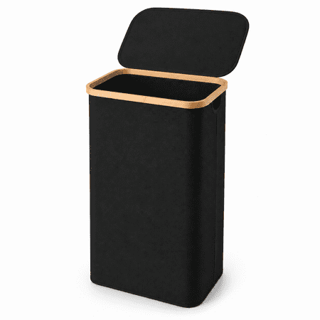 FOUKUS 100L Large Laundry Hamper with Lid: Laundry Basket with Bamboo Handles for Clothes and Toys, Freestanding Collapsible Laundry Basket for Bedroom and Bathroom - Black