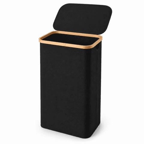 FOUKUS 100L Large Laundry Hamper with Lid: Laundry Basket with Bamboo Handles for Clothes and Toys, Freestanding Collapsible Laundry Basket for Bedroom and Bathroom - Black