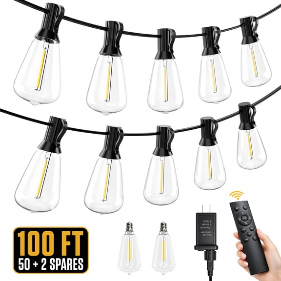 FOUKUS String Lights Outdoor String Lights: 100FT LED ST38 Bulbs with Remote Control, Dimmable Brightness, Timer and Shatterproof Design, Patio Lights for Backyard, Porch, Garden and Party Decor