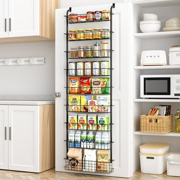 FOUKUS Over the Door Pantry Organizer: 9 Tier Stainless Steel Kitchen Organizers and Storage, Hanging Spice Rack, Easy to Install - Black