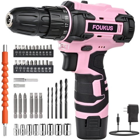 FOUKUS Cordless Drill Set Power Drill: 35Nm Compact Pink Drill Driver Kit with Battery and Charger, 25+1 Clutch Electric Drill, 2-Speed Portable Drill Machine for Home DIY Women Furniture Assembly
