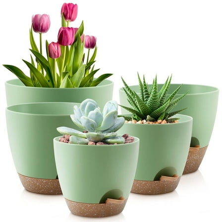 FOUKUS Set of 5 Self-Watering Plant Pots with Drainage – Eco-Friendly Plastic Planters for Indoor & Outdoor Use – Pots for Succulents, Cactus, Snake Plants (7", 6.5", 6", 5.5", 5") – Green