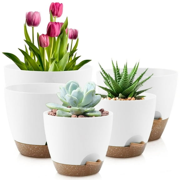 FOUKUS Set of 5 Self-Watering Plant Pots with Drainage – Eco-Friendly Plastic Planters for Indoor & Outdoor Use – Pots for Succulents, Cactus, Snake Plants (7", 6.5", 6", 5.5", 5") – White