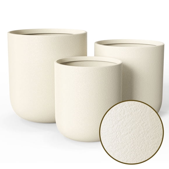 FOUKUS 9.8",11.4",13" Dia Round Concrete-like Plastic Planter Set of 3, Modern Style Large Cylindrical Plant Pot with Drainage Hole for Indoor Outdoor Patio, Beige