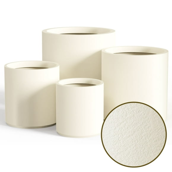 FOUKUS 6.9",8.7",10.6",13.4" Dia Round Concrete-like Plastic Planter Set of 4, Modern Style Large Cylindrical Plant Pot with Drainage Hole for Indoor Outdoor Patio, Beige
