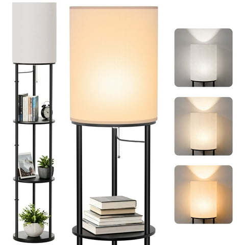 Foukus 63" Round Shade Floor Lamp with Shelves: Lamp for Living Room with 3 Adjustable Color Temperatures, Display Bookshelf for Home, Bedroom, Study - Black (Bulb Included)